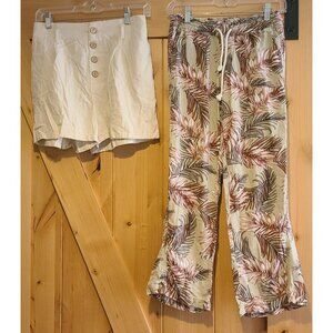 Cali 1850 Women Sz S Green Palm Leaf Linen Blend Drawstring Pant & Tan Shorts M